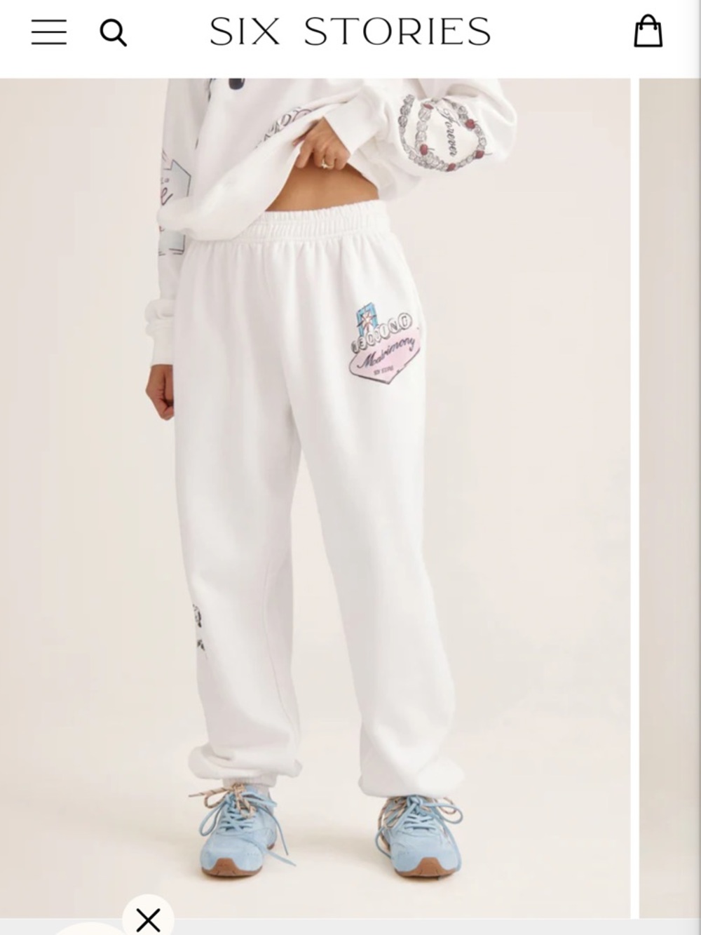 Six Stories White Graphic Sweatpants with Las Vegas Pink & Blue Patch